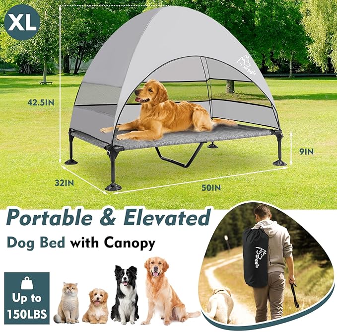 Upgraded Elevated Dog Bed with Canopy, Portable Raised Outdoor Dog Bed with Stable Anti-Slip Feet, Wider Shade Pet Bed Cot, Raised Dog Beds for Large Dogs Camping, Indoor & Outdoor Use