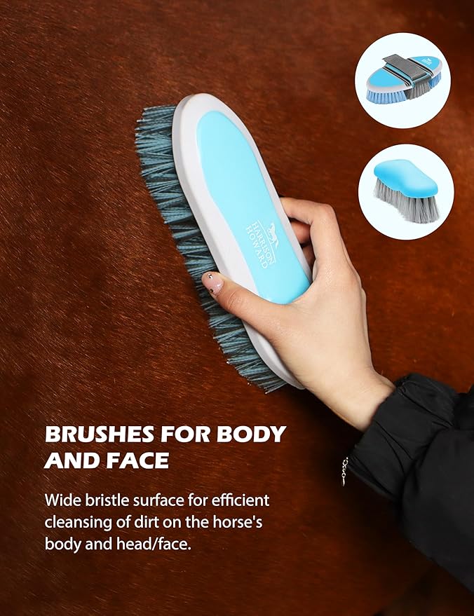 Harrison Howard Horse Grooming Kit 11-Piece Equine Care Series Horse Brush Sets with Organizer Tote Bag Tack Room Supplies Shedding Grooming Massaging Tools Blue Brushstroke Ponies