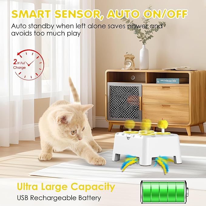 Cat Toys, 2 in1 Automatic Interactive Cat Toys for Indoor Cats, 4 Holes Mice Whack a Mole Cat Mouse Toy with Moving Feather, Rechargeable USB Power Kitten Feather Toys for All Breeds (Yellow)