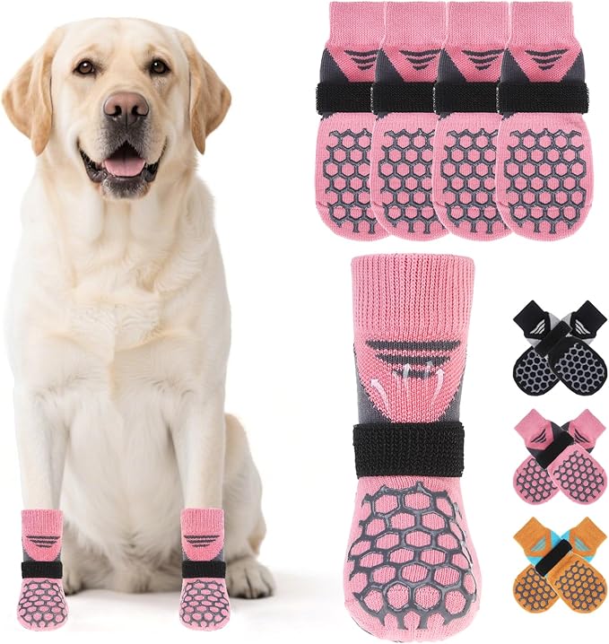 KOOLTAIL Dog Socks for Hot Pavement, Summer Breathable Dog Socks to Prevent Licking Paws, Non Slip Pet Boots & Paw Protectors for Hardwood Floor,Grippy Shoes for Small Medium Large Senior Dogs,Pink L