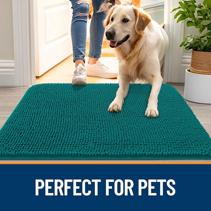 OLANLY Dog Door Mat for Muddy Paws 44x24, Absorbs Moisture and Dirt, Absorbent Non-Slip Washable Doormat, Quick Dry Chenille Mud Mat for Dogs, Entry Indoor Entryway Carpet for Inside Floor, Lake Blue