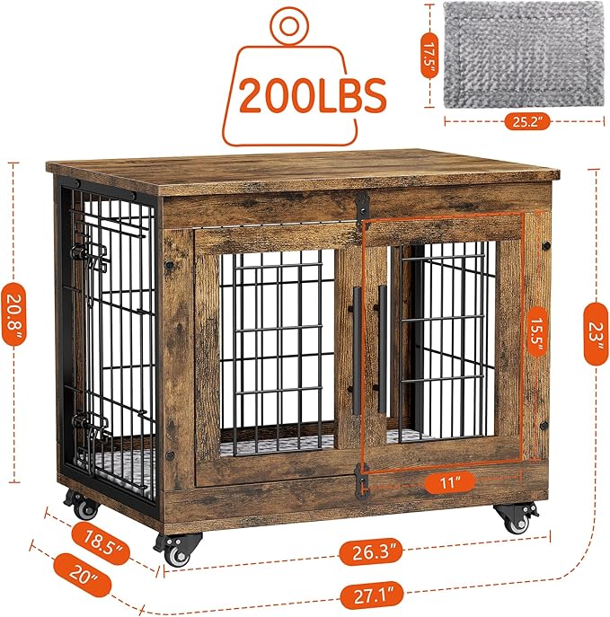 Lulive Small Dog Crate Furniture, Dog Kennel Indoor Double Doors Wooden Dog Cage, 27.1'' Heavy Duty Dog Crate with Cushion & Wheels, Decorative End Table Pet House Chew-Resistant for Small Dogs, Brown