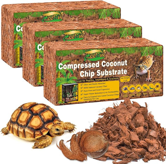 ZeeDix 3PCS Natural Coconut Chips Substrate for Reptiles, Coconut Fiber Husk Reptiles Bedding, Compressed Coco Chips Substrate for Ball Python, Snakes, Tortoise, Hermit Crab, Frogs, Lizard, Tarantula