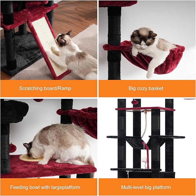Heybly Tall Cat Tree, 78-inch Multi-Level Cat Tower for Indoor Cats, 2 Widened Plush Perches Cat Condo with Scratching Board and Big Caves, Black and Red HCT033BR