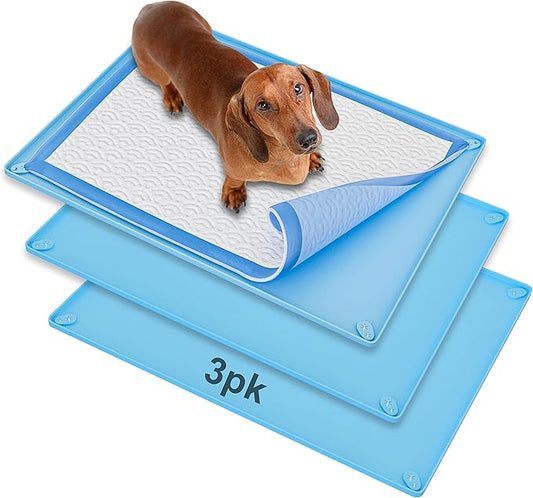 Skywin TidyFriend 3 Pk Pee Pad Holder Tray for 30” x 23” Pee Pads with Corner Lock Holes, Raised Edges, Non-Spill, Easy to Clean Silicone Dog Potty Tray Holder, for Indoor Floor Protection (Blue)