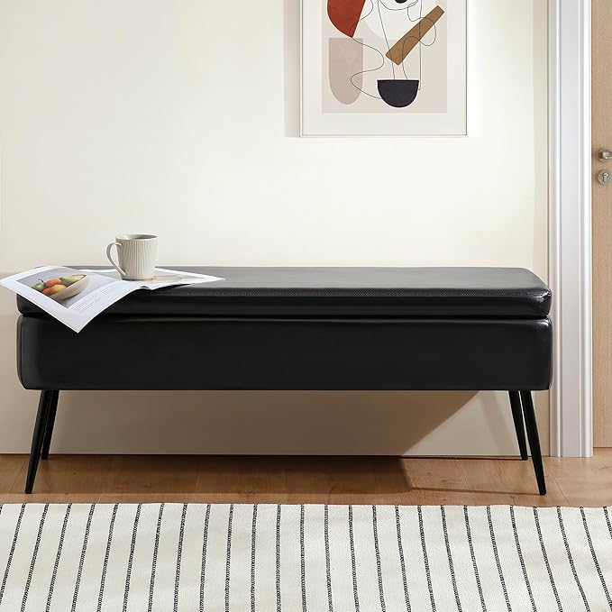 Leather Storage Ottoman Bench,End of Bed Bench for Living Room Bedroom Dinning Room Entryway,Mid-Century Modern,Faux Leather,with Steel Legs,Safety Hinges,Loads 660 lb (Without Button, Black)
