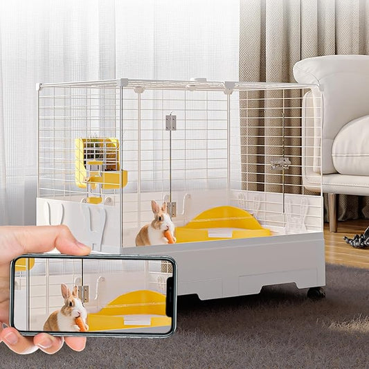 Oneluck Indoor Bunny Cage with Pull-Out Tray,Wheels and Transparent Panel，Rabbit, Guinea Pig, Chinchillas, and Small Animal Condo