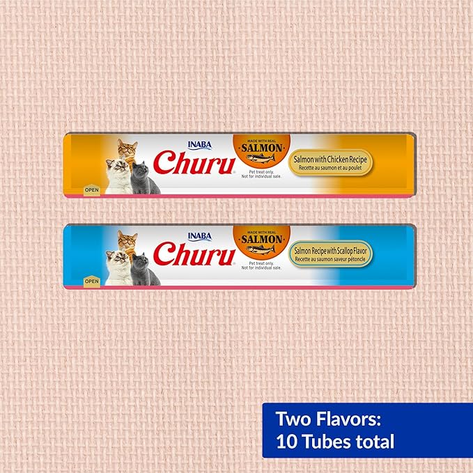 INABA Salmon Churu Cat Treats, Lickable, Squeezable Creamy Purée Cat Treat with Green Tea Extract & Taurine, 0.5 Ounces Each Tube, 10 Tubes, Scallop & Chicken Variety