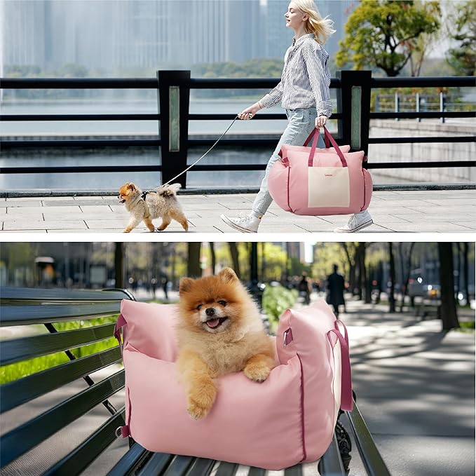 Lesure Small Dog Car Seat for Small Dogs -Soft Dog Booster Seat for Car with Storage Pocket and Clip-On Safety Leash and Thickened Memory Foam Filling, Pet Travel Carrier Bed Strawberry Cream