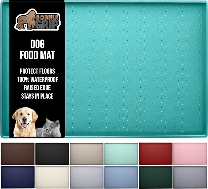 GORILLA GRIP 100% Waterproof Raised Edge BPA Free Silicone Pet Feeding Mat, Dog Cat Food Mats Contain Spills Protects Floors, Placemats for Cats and Dogs Water Bowl, Pets Accessories 23x15 Turquoise