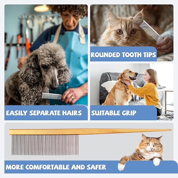 Grooming Pet Comb Rat Tail Dematting Cat and Dog Comb，Rounded Ends Design for Safe Tangle Removal, Hairstyling, Massage，Loose Hair Removal，Prevent Irritation，Fluffing Paws,Face,Tail,Remove Tear Stain