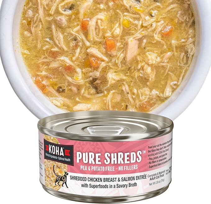 KOHA Pure Shreds Chicken and Salmon Entrée for Cats, High Protein Wet Cat Food, 2.8oz Cans (Pack of 24)
