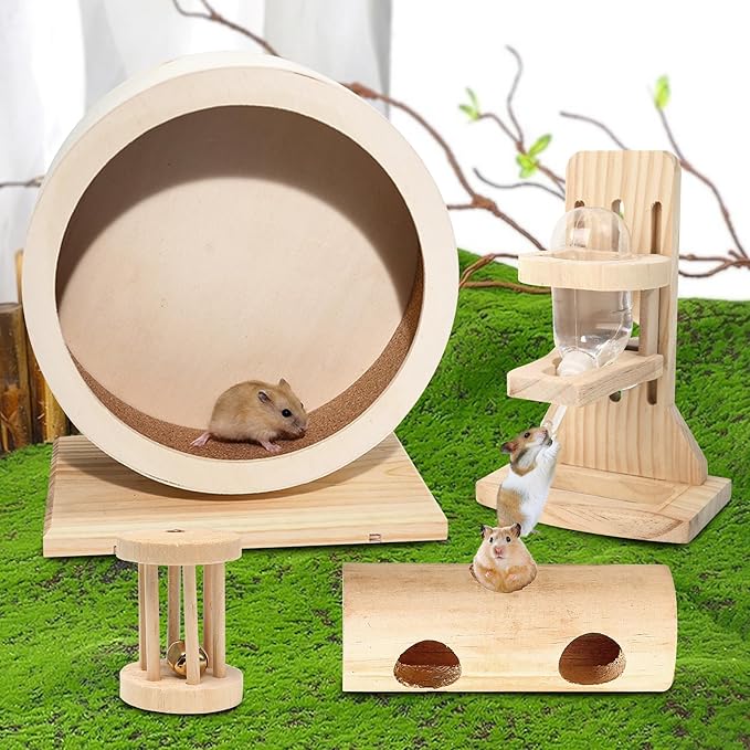 antiai 4 Pack Hamster Wheel Set,8.2Inch Medium Size Slience Quiet Spinner Hamster Running Wheels,Hamster Water Feeder Accessories Chew Toys for Guinea Pig,Gerbils,Mice and Other Small Pets Animal