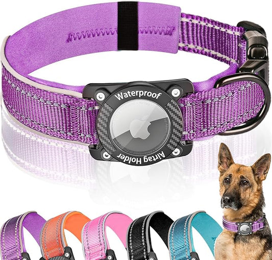 Upgraded AirTag Dog Collar, IP68 Waterproof Dog Collar with Apple Air Tag Holder, Reflective Adjustable Heavy Duty Dog Collars with Soft Padded for Small, Medium and Large Dogs,Purple, S