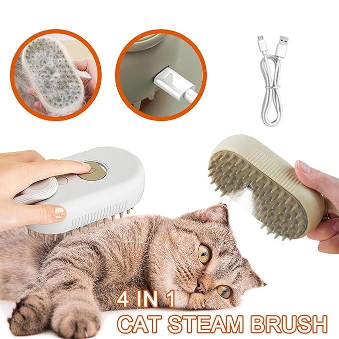 Cat Steam Brush for Shedding, 4 in 1 Rechargeable Pet Steam Brush for Dogs and Cats, Anti-Static, Massage, Cleaning, Shedding & Combing All In One! (White)