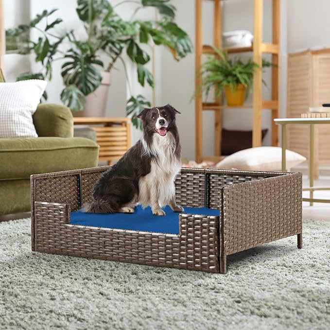 YITAHOME Rattan Dog Sofa Bed with Cushion,Wicker Pet Bed Sofa Couch Indoor Outdoor Water Resistant for Large Medium Small Dogs Cats (34.6''L*23.6''W*11.8'',Blue)