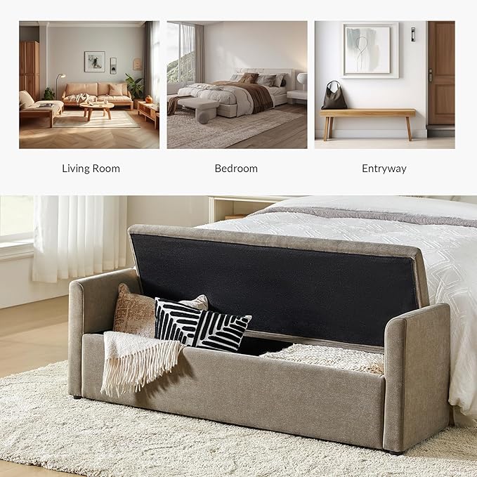 HULALA HOME Modern Storage Bench with Throw Pillows, 59.4" Extra Long Bedroom Ottoman Bench for End of Bed, Comfy Upholstered Footstool for Entryway Dining Room Living Room, Brown