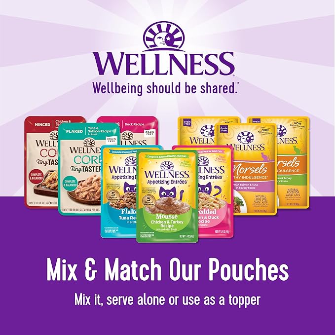 Wellness Healthy Indulgence Shreds Adult Wet Cat Food, Natural, Protein-Rich, Grain Free, 3 Ounce Pouch, 8 Pack, (Shreds Variety Pack)