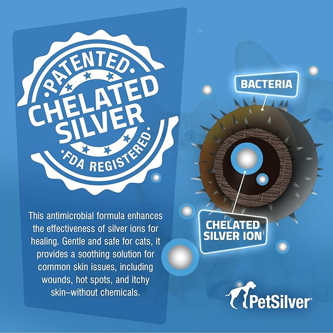 PetSilver Wound & Skin Spray for Cats - Chelated Silver, Superior to Colloidal Silver - Wound Care, Allergy & Itch Relief, Hot Spot Treatment for Cats - Natural Skin Soother - Made in USA - 2 fl oz