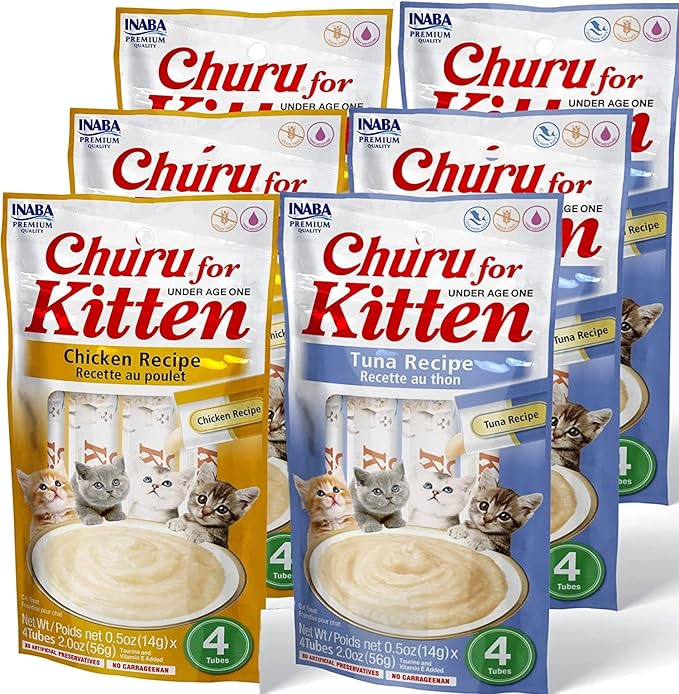 INABA Churu for Kittens, Grain-Free Creamy, Purée Lickable Cat Treats with DHA, EPA, Vitamin E & Taurine, 0.5 Ounces Each, 24 Tubes (4 per Pack), 2 Flavor Variety Pack