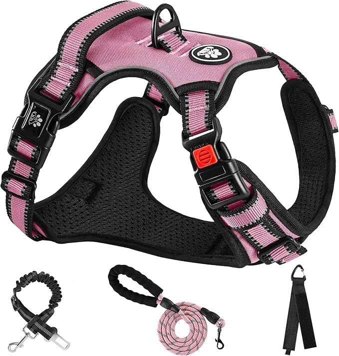 NESTROAD No Pull Dog Harness,Adjustable Oxford Dog Vest Harness with Leash,Reflective No-Choke Pet Harness with Easy Control Soft Handle for Large Dogs(Large,Pink)
