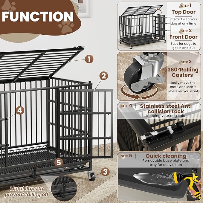 LEVELEVE 38 Inch Heavy Duty Indestructible Dog Crates for Large Dogs，Escape Proof Dog Cage Large Dogs with Lockable Wheels，Dog Kennel Furniture Indoor&Outside