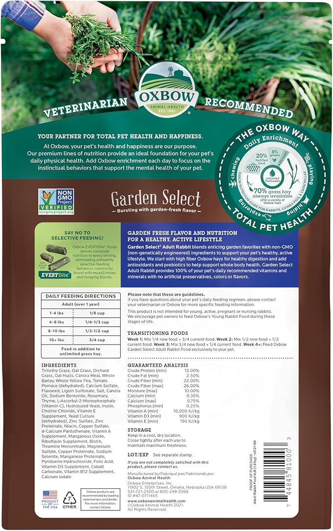 Oxbow Animal Health Garden Select Rabbit Food, Adult Rabbit, Made Timothy Hay, Vitamin & Mineral Rich Pet Food Pellets, Bunny Supplies, Made in USA, High Fiber, 4 lb Bag