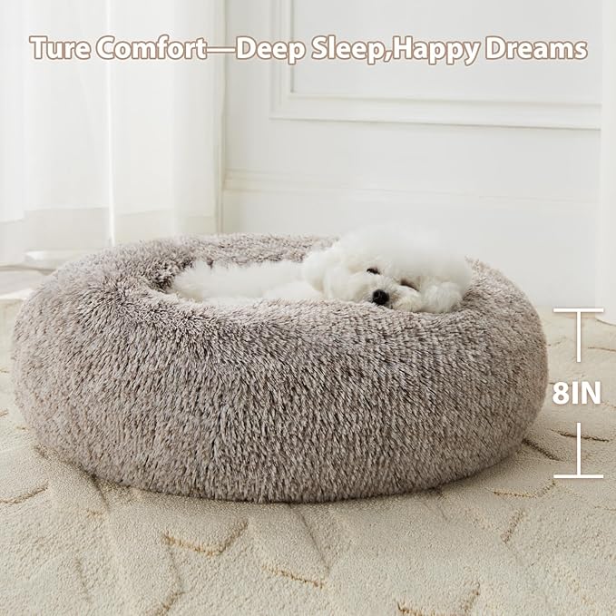 WNPETHOME Calming Dog Bed Cat Bed Donut, Faux Fur Pet Bed Self-Warming Donut Cuddler, Comfortable Round Plush Dog Beds (20 x 20 inch, Light Coffee)