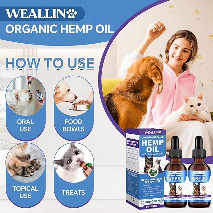 Hemp Seed Oil for Dogs and Cats - Omega-3, 6, 9 Rich Organic Extract - Eases Pet Anxiety, Pain, Skin & Coat Health - Stress Relief, Hip & Joint Support - Calming Treats (2 Pack)