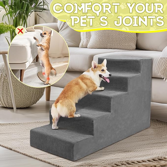 Niubya Dog Stairs for Small Dog and Cats,23”H Non-Slip Bottom Pet Steps for High Beds and Couch,High-Density Foam Pet Stairs Grey,5 Steps