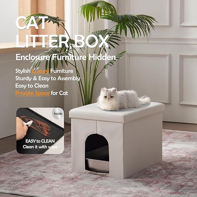 MEEXPAWS Cat Litter Box Enclosure Furniture Hidden, Cat Washroom Bench Storage Cabinet |Large 25.6'' x 17.7'' x 17.7''| Dog Proof | Waterproof Inside/Easy Clean | Easy Assembly | Odor Control(White)