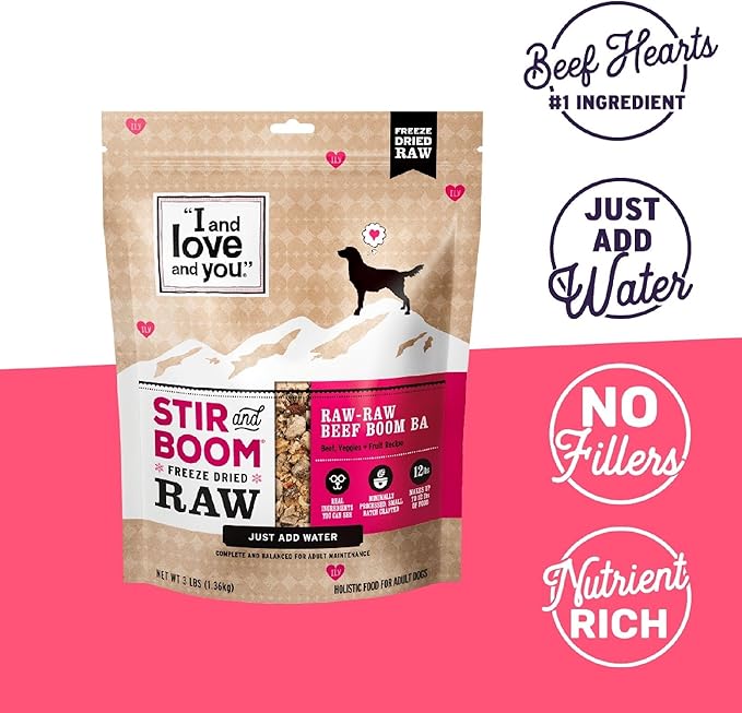I AND LOVE AND YOU Stir and Boom Dehydrated Freeze Dried Raw Dog Food - Beef - Grain Free, Real Meat, No Fillers, 1lb Bag