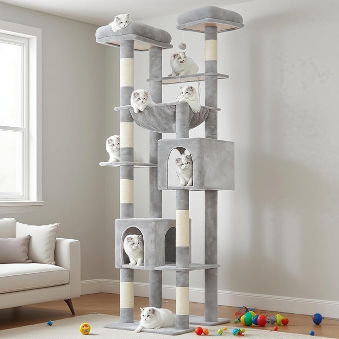 Hey-brother Tall Cat Tree Tower, Heavy Duty Scratching Posts with Large Platforms, Cozy Condos, Big Hammock, Toy Balls, Multi-Level Furniture for Indoor Adult Cats, 80.7 Inches, Light Gray MPJ039W