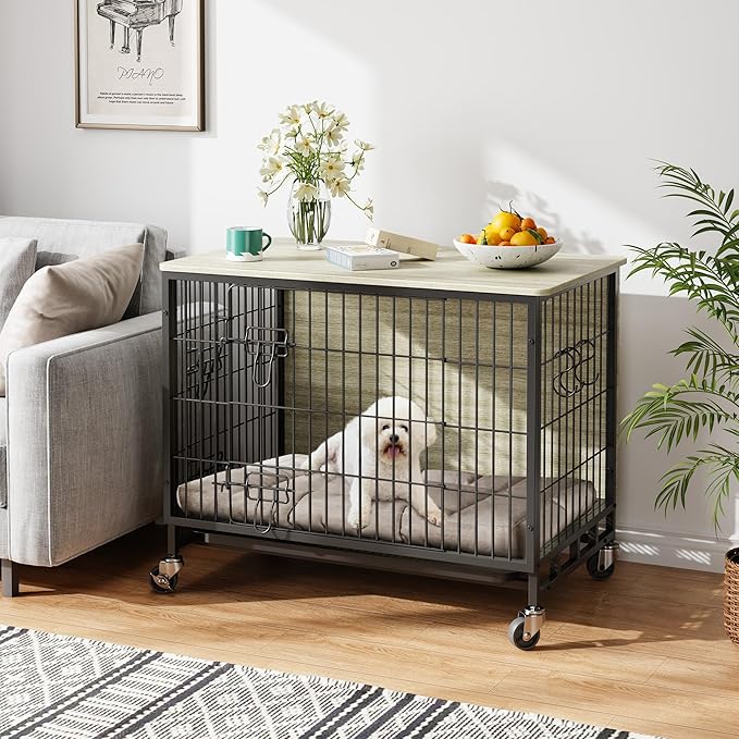 Dog Crate Furniture, 38.6" Wooden Dog Crate with Double Doors, Dog Furniture, Large Dog Kennel Indoor End Table for Large Dogs, Grey