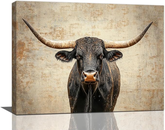 Rustic Highland Cow Pictures Wall Art, Farmhouse Black Cow Bathroom Wall Decor Animal Framed Painting Canvas Artwork for Bathroom Bedroom Living Room Decorations 20"L x 16"W