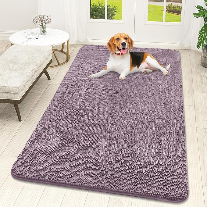 OLANLY Dog Door Mat for Muddy Paws 59x32, Absorbs Moisture and Dirt, Absorbent Non-Slip Washable Doormat, Quick Dry Chenille Mud Mat for Dogs, Entry Indoor Entryway Carpet for Inside Floor, Deep Plum