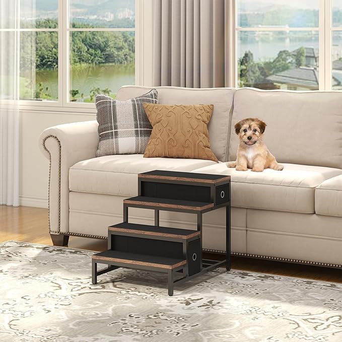 Pet Bunk Bed with Removable Stairs and 2 Drawers, Dogs/Cats Window Perch, Dog Window Seat with Soft Cushion, Ultra-Shallow Steps, Sturdy Metal Frame, Non-Slip