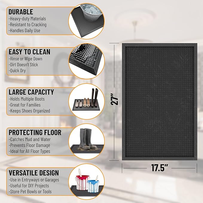 Ottomanson Indoor/Outdoor Boot Tray Non-Slip Doormat Modern Entryway Mat for Entryway Patio Backyard Garage, 17.5" x 27", Black