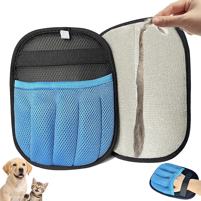 Pet Hair Remover Glove for Furniture, Reusable, 5-Finger, Blue, Dog and Cat Fur Removal Tool for Couch, Lint Clean Glove for Carpet, Bedding, Clothes, Curtain, Pet Bed, Car Seats