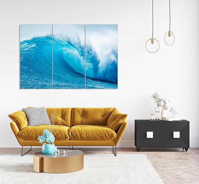 Nature Wall Art Prints - Ocean Forest Mountain Lake Canvas Landscapes - Small to Extra Large Living Room Bedroom Kitchen Bathroom Décor (Blue Ocean Wave, 31L" x 47W" - 3 Panels)