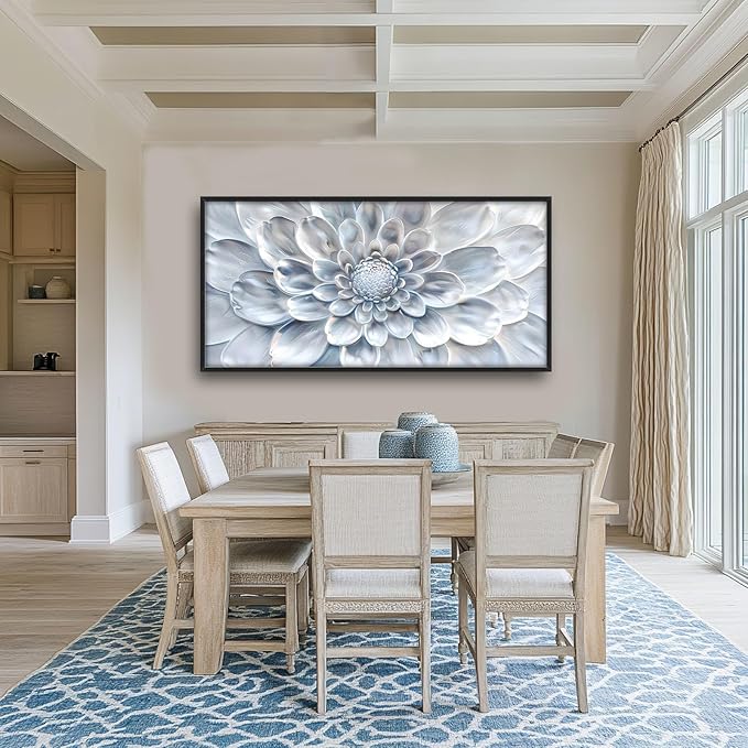 Abstract Flower Large Wall Art White Silver Floral Pictures Wall Decor Neutral Canvas Print Painting Artwork for Bathroom Living Room Bedroom 60L" x 30W"