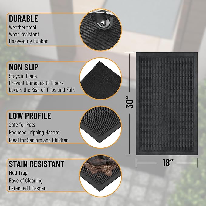 Indoor/Outdoor Hose-Wash Lines Design Non-Slip Rubber 18" x 30" Modern Entryway Mat for Entryway, Patio, Backyard, Garage, 18" x 30", Black Lines