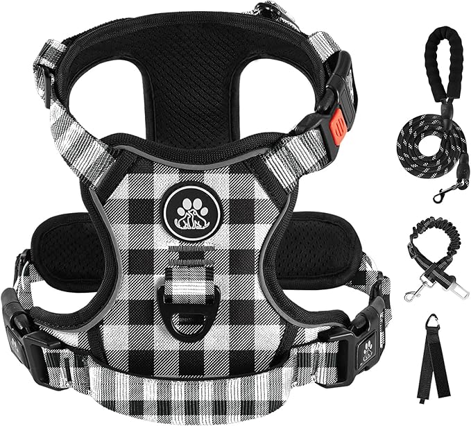 IVY&LANE No Pull Dog Harness with Leash Set, Reflective No Choke Pet Vest,Adjustable Oxford Dog Vest Harness with Easy Control Handle for Medium Lagre Dogs (Checkered Black,M)
