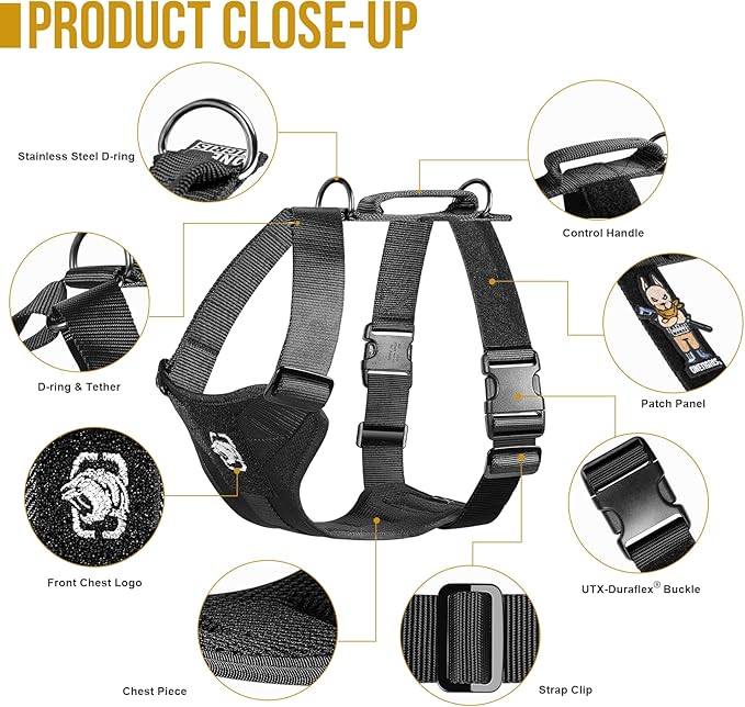 OneTigris Dog Safety Vest Harness, REX Car Use Dog Harness Adjustable Pet Harness with Leash for Medium Large Dogs(Black,L)