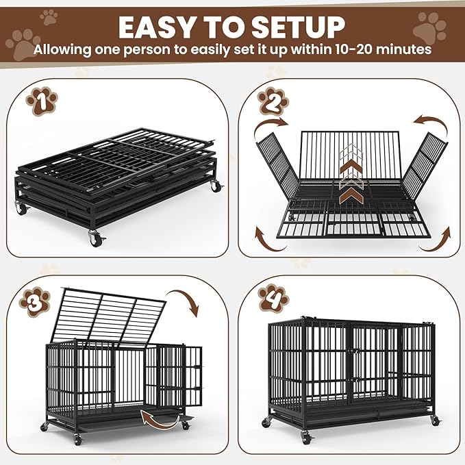 LEVELEVE 54 Inch Heavy Duty Indestructible Dog Crates for Large Dogs，Escape Proof Dog Cage Large Dogs with Lockable Wheels，Dog Kennel Furniture Indoor&Outside