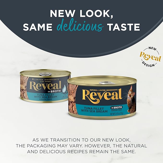 Reveal Natural Wet Cat Food, 24 Count, Grain Free, Limited Ingredient Canned Food for Cats, Tuna with Sea Bream in Broth, 2.47 oz Cans