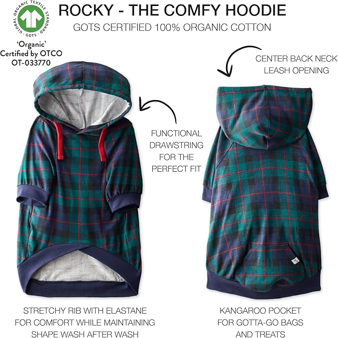 Rocky – The Orginal Lightweight Hooded TEE 100% Organic Cotton Dog Hoodie Pet Coat Sweater for Small, Medium, Large Dogs, Black Watch Plaid, X-Small