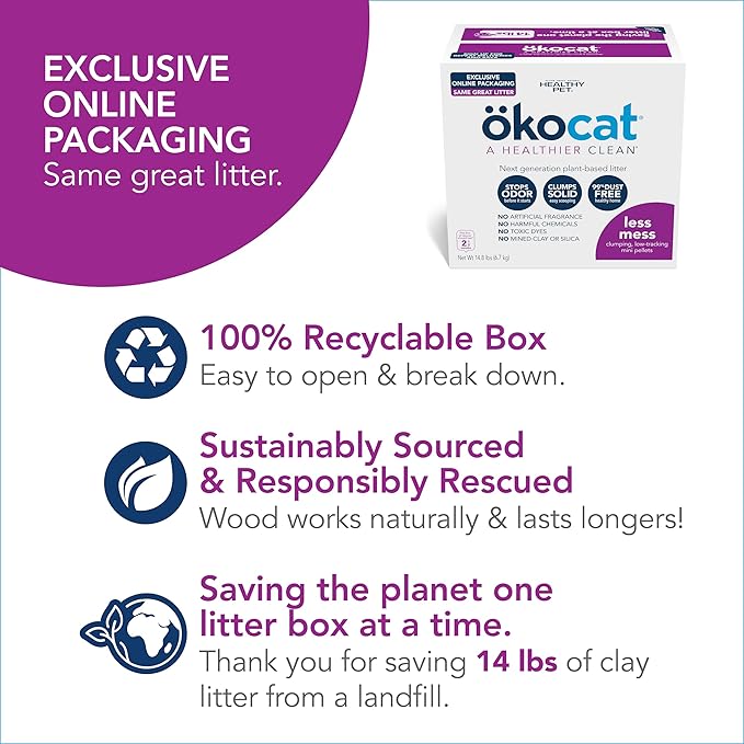 ökocat Less Mess Low Tracking Wood Clumping Cat Litter Mini- Pellets, Unscented, 14.8 pounds - Natural Ingredients, Stops Odor, Clumps Solid, 99% Dust Free, Great for Long-Hair Breeds, All Cats