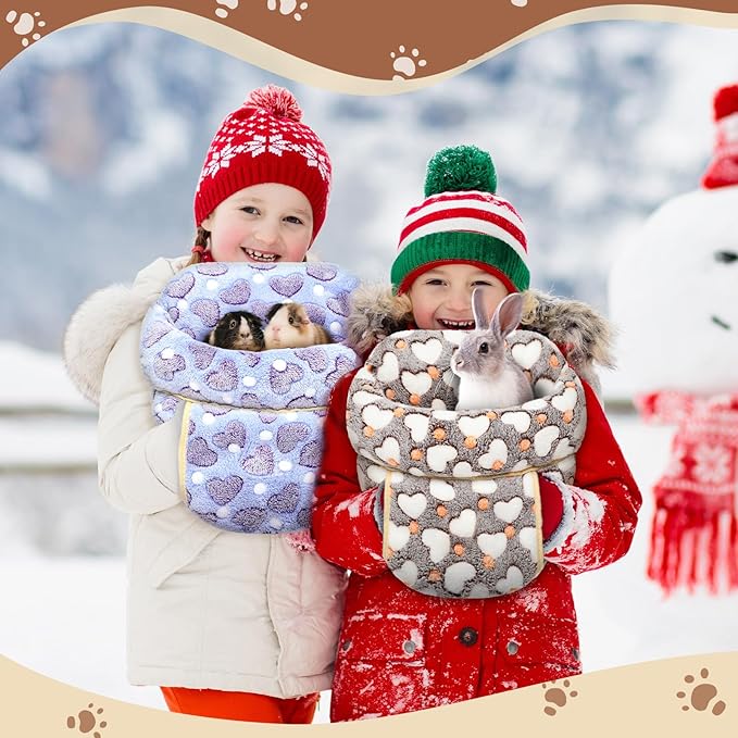 Wenqik 2 Pcs Guinea Pig Bed Cuddle Warm Hideout Small Animal Sack Cozy House Bedding Sleeping Cushion Portable Pet Carrier Cage Nest for Rabbit Hamster Rat(Gray, Pink,Heart)