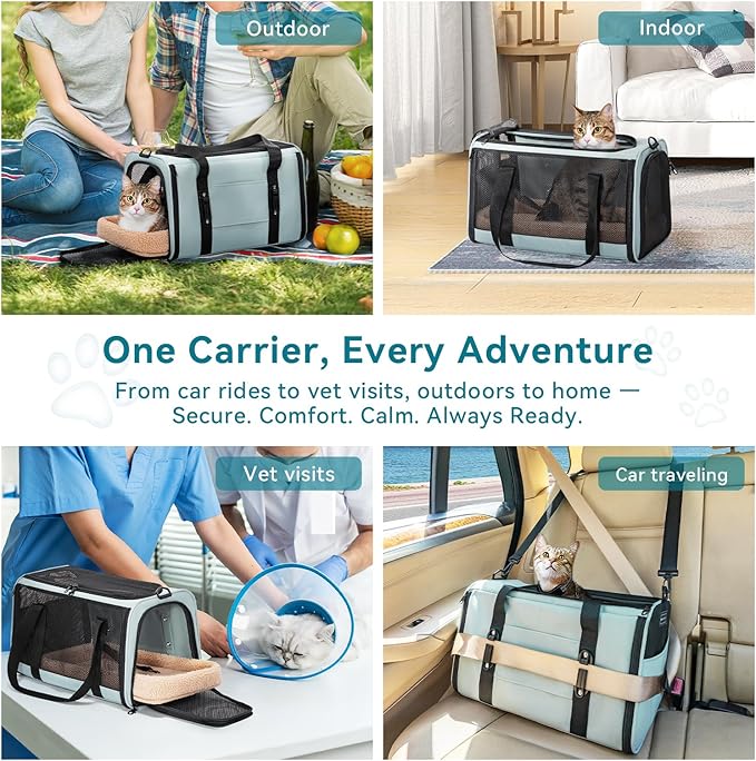PETSFIT Soft-Sided Cat Carriers & Car Seats with Patent Safe Buckles, Clip-On Harness，18"x11"x11" Airline Approved Pet Carrier - 9 lbs Capacity (Cyan Blue)